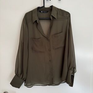 Zara Khaki Sheer Button Down Shirt